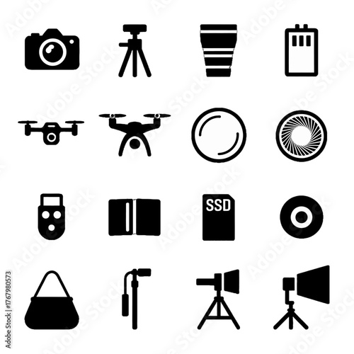 Collection of photography and videography equipment icons including cameras, drones, tripods, lenses, and storage devices