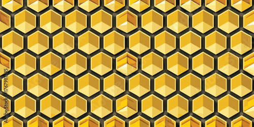 A vibrant, geometric pattern of golden hexagons creating a visually striking texture.