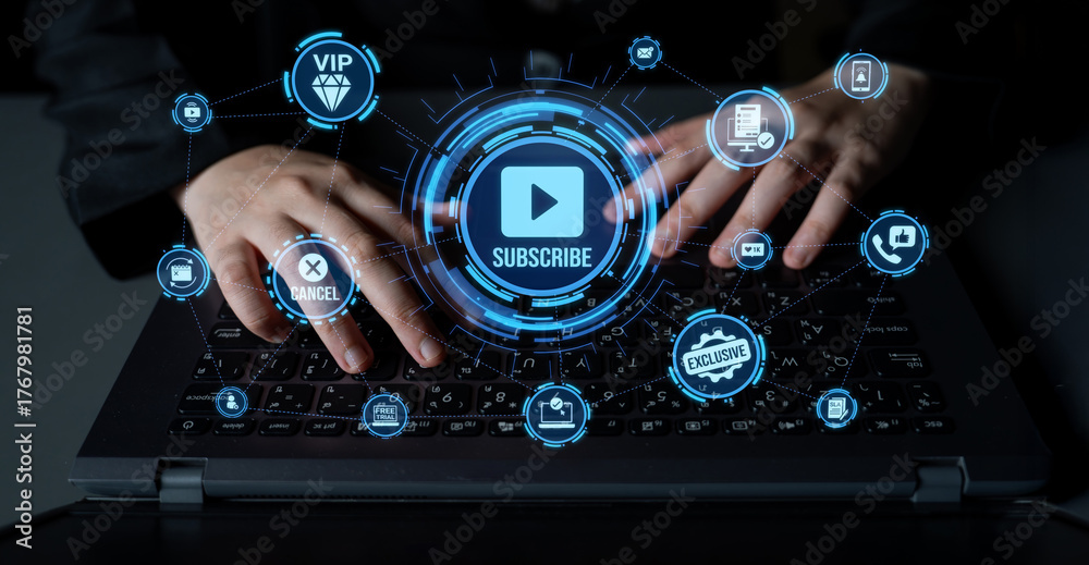 Fototapeta premium Concept of subscription services provides exclusive digital content. This model offers continuous access, enhancing subscription services with personalized experiences and benefits. Entice