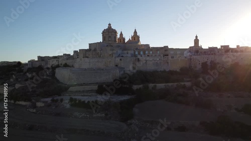 Aerial drone footage of the medieval city of Mdina in Malta a sunset