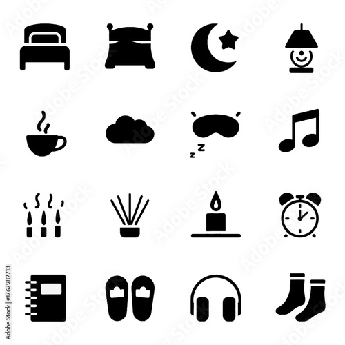 Collection of black silhouette icons representing sleep, relaxation, and bedtime routines including beds, moon, music, candle, and slippers