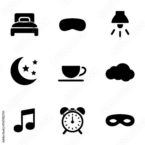 Collection of black silhouette icons representing sleep, relaxation, and daily routines including bed, moon, coffee, clock, and music.