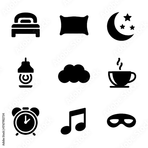 Set of black silhouette icons representing sleep, relaxation, and daily routines including bed, pillow, moon, lantern, cloud, coffee cup, alarm clock, music note, and mask.