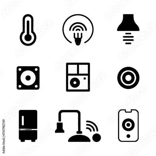 Set of smart home device icons including thermostat, Wi-Fi, lighting, speaker, security camera, and mobile control