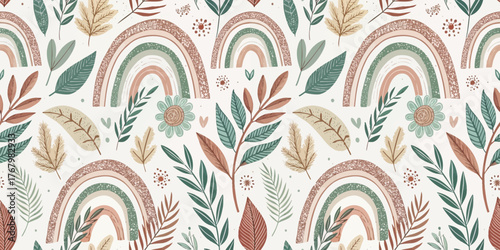 A whimsical pattern featuring colorful rainbows and foliage in warm tones.
