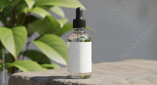 Clear glass serum bottle with black dropper cap placed on natural rock with lush green leaves in the background