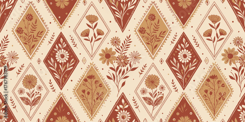 Elegant floral pattern featuring earthy tones with intricate details, ideal for fabric or wallpaper.