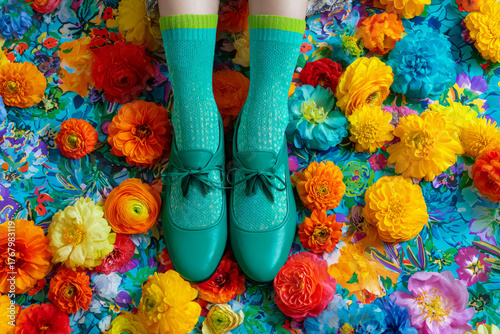 Bright green shoes and teal socks stand out against vibrant floral background filled with colorful flowers, creating cheerful and lively