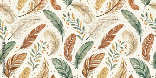 A beautiful pattern of colorful feathers and leaves in earthy tones against a soft background.