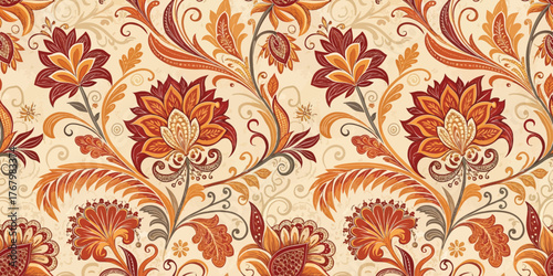 A vibrant floral pattern with rich orange, maroon, and cream tones, perfect for a decorative touch.