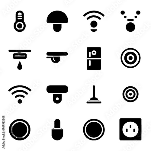 Collection of smart home and IoT device icons including sensors, cameras, Wi-Fi, power outlets, and automation controls