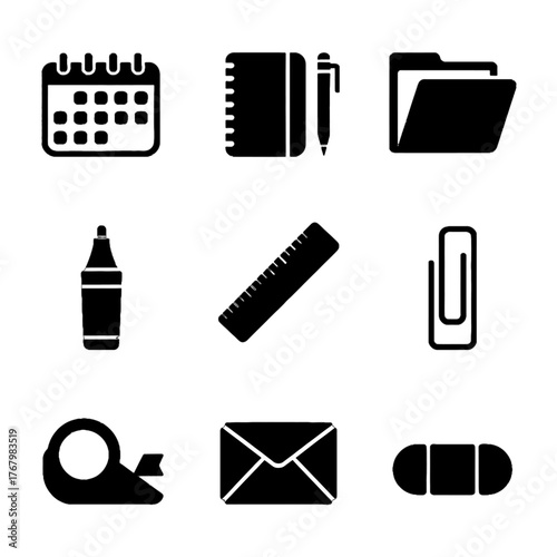 Set of office and stationery icons including calendar, notebook, folder, marker, ruler, paperclip, tape, envelope, and battery