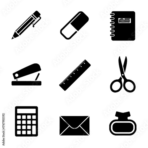 Set of black and white office supply icons including pen, eraser, notebook, stapler, ruler, scissors, calculator, envelope, and seal