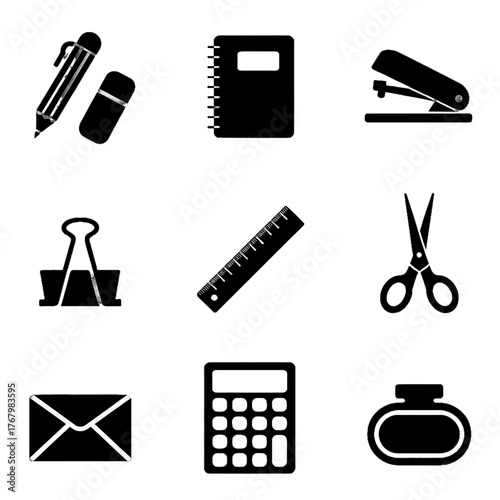 Collection of office and school supplies icons including pen, notebook, stapler, paper clip, ruler, scissors, envelope, calculator, and ink bottle