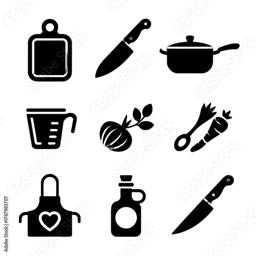 Set of black silhouette icons representing kitchen tools and ingredients including cutting board, knife, pot, measuring cup, onion, carrot, apron, bottle, and chef's knife.