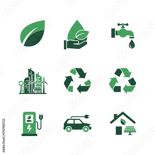 Set of nine icons representing green energy and sustainability concepts in green and white colors on a white background.