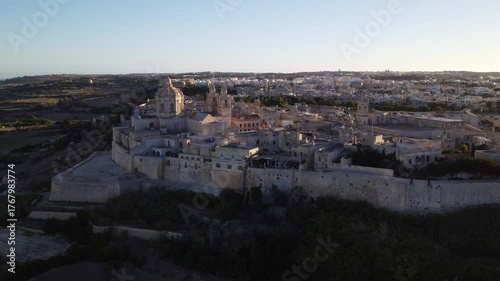 Aerial drone footage of the medieval city of Mdina in Malta a sunset