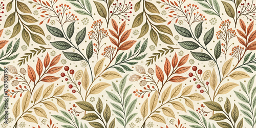 Beautiful floral pattern featuring vibrant green, orange, and brown leaves on a soft cream background.