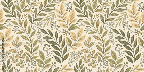 A beautiful green and gold floral pattern featuring leaves and delicate twigs on a light background.