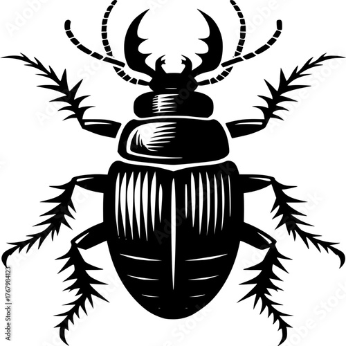 Stag Beetle: A highly detailed, artistic depiction of a stag beetle showcases its formidable mandibles and intricate exoskeleton, rendered with stark contrast for dramatic effect.