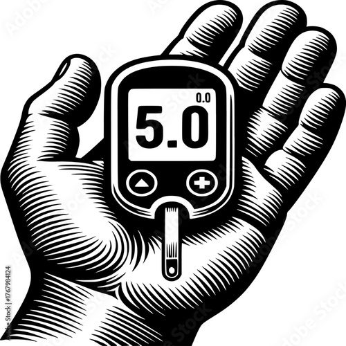 Blood Glucose Measurement: A hand delicately cradles a blood glucose meter, showcasing the careful management of health and providing insight into the user's wellbeing.