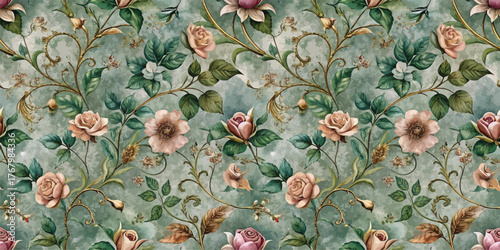 Elegant floral wallpaper featuring intricate rose patterns and soft pastel colors.