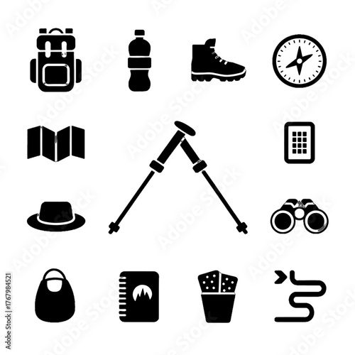Collection of black silhouette icons representing hiking and outdoor exploration equipment and tools