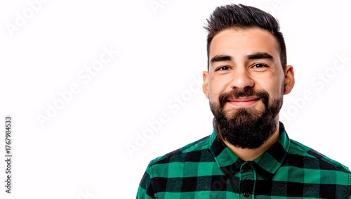 Close up portrait of a smiling man with a beard wearing a green plaid shirt