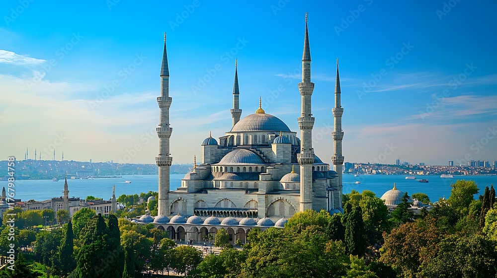Naklejka premium Sultan Ahmed Mosque in Istanbul, Turkey with Six Minarets and Blue Domes under Sky
