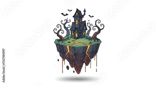 Spooky Haunted House on Floating Island - Halloween Illustration