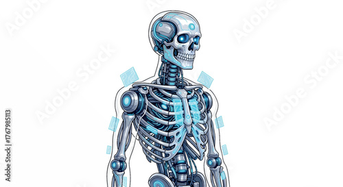 Futuristic Robot Skeleton with Glowing Blue Accents on White Background