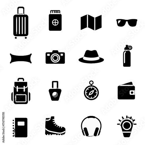 Collection of travel-related icons including luggage, passport, map, sunglasses, camera, hat, water bottle, backpack, compass, wallet, notebook, hiking boots, headphones, and watch