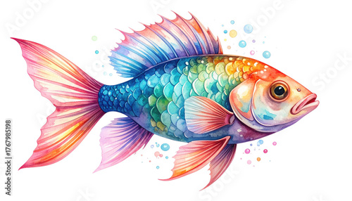 Vibrant Watercolor Goldfish Illustration with Rainbow Hues and Detailed Fins.