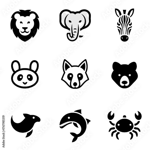Collection of black and white animal head icons including lion, elephant, zebra, rabbit, fox, bear, dolphin, fish, and crab