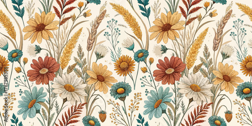 Beautiful floral pattern featuring mixed flowers in vibrant colors on a cream background.