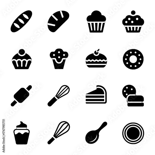 Collection of black silhouette icons representing various baked goods and baking tools