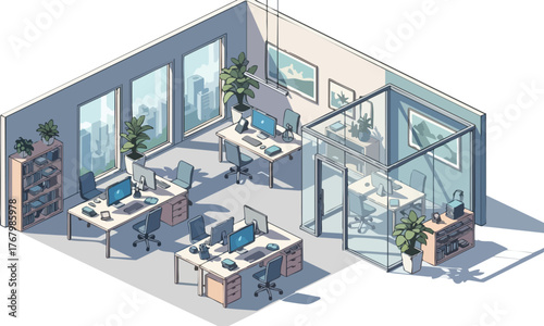 Modern Workspace Design, Urban Setting, Illustration, Tranquil Environment, Aerial View, Efficiency Concept