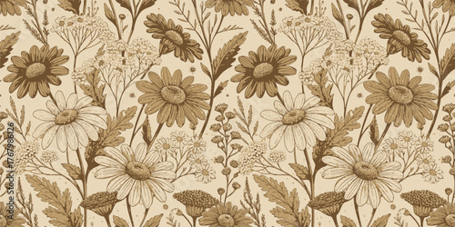 Charming floral pattern featuring daisies and wildflowers in earthy tones.