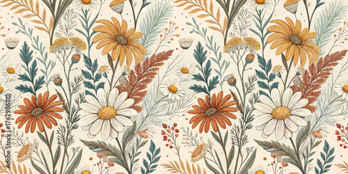 Colorful floral pattern featuring orange and white daisies with greenery on a light background.