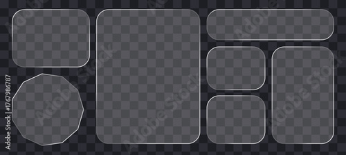 Transparent glass shapes set with soft glowing edges. Realistic clear geometric frames including star, circle, square, badge, and rounded forms on  dark checkered background perfect for UI, web design