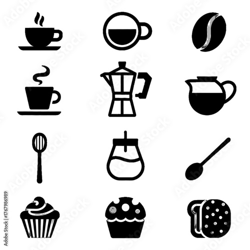 Collection of coffee and dessert icons including cups, beans, brewing equipment, and pastries
