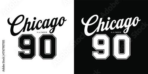 Chicago 90 Illinois vintage varsity typography design with bold sports lettering and retro athletic style on black and white backgrounds