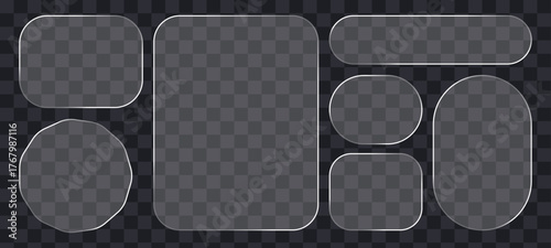 Transparent glass shapes set with soft glowing edges. Realistic clear geometric frames including star, circle, square, badge, and rounded forms on  dark checkered background perfect for UI, web design