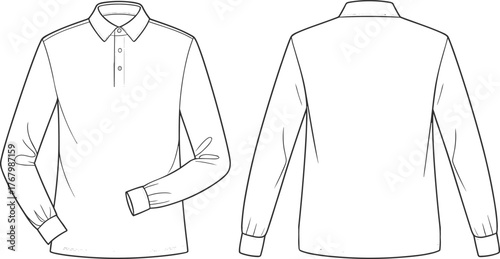 Cad drawing flat vector illustration, polo shirt sketch, long sleeve fashion design, button placket layout, garment construction template