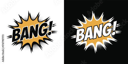 Bang comic explosion pop art burst with halftone shading — retro cartoon sound effect text in orange and black