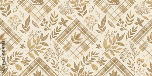 Elegant floral and geometric pattern in warm gold tones on a soft beige background.