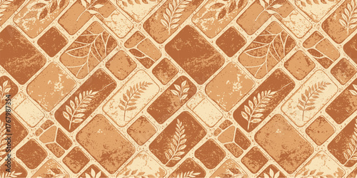 An elegant patterned tile design featuring earthy tones and leaf motifs.
