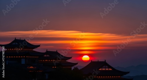 Spectacular sunset over traditional Asian architecture with vivid colors