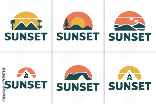 Minimal sunset logo bundle with mountain and campfire silhouettes in retro orange yellow and green color for outdoor travel brand identity