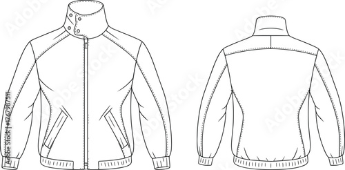 Zippered jacket sketch, high collar outerwear design, fashion flat drawing, technical garment illustration, front and back view, apparel template